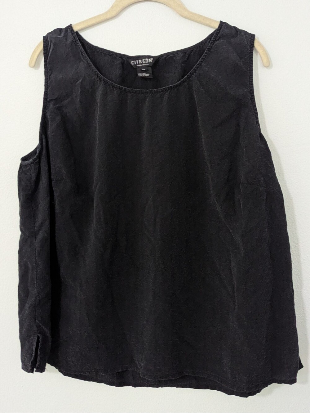 Citron Santa Monica 100% Silk Crinkle Tank Top Scoop Neck Black 2X